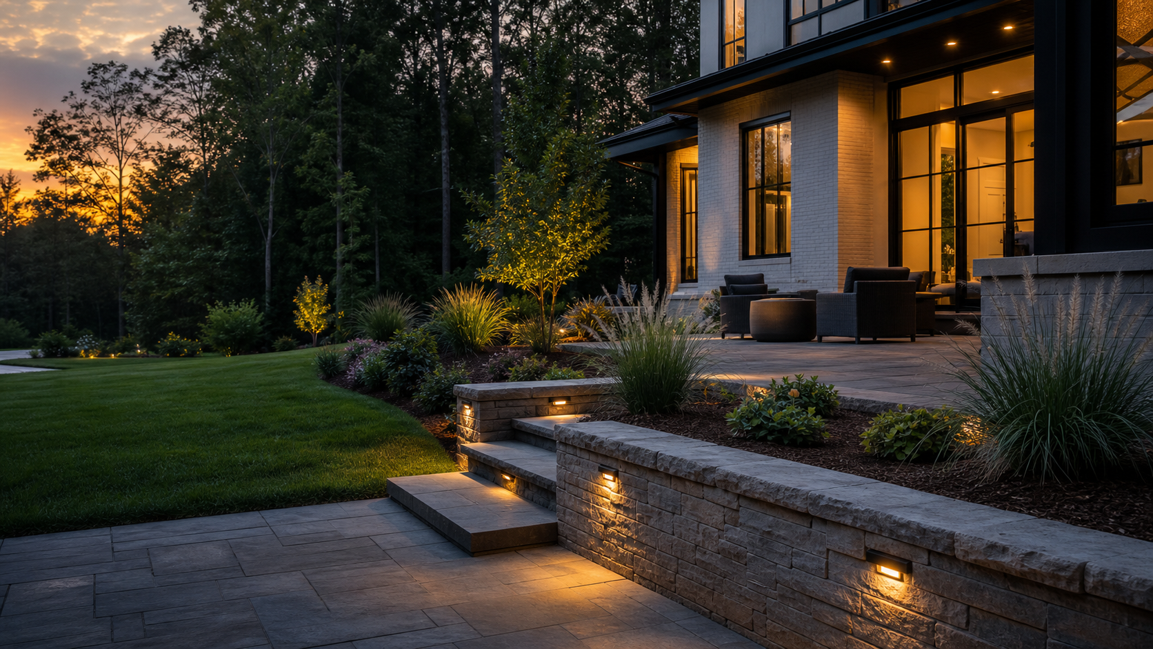Modern Raleigh landscape with stone patio, planting beds, and exterior lighting